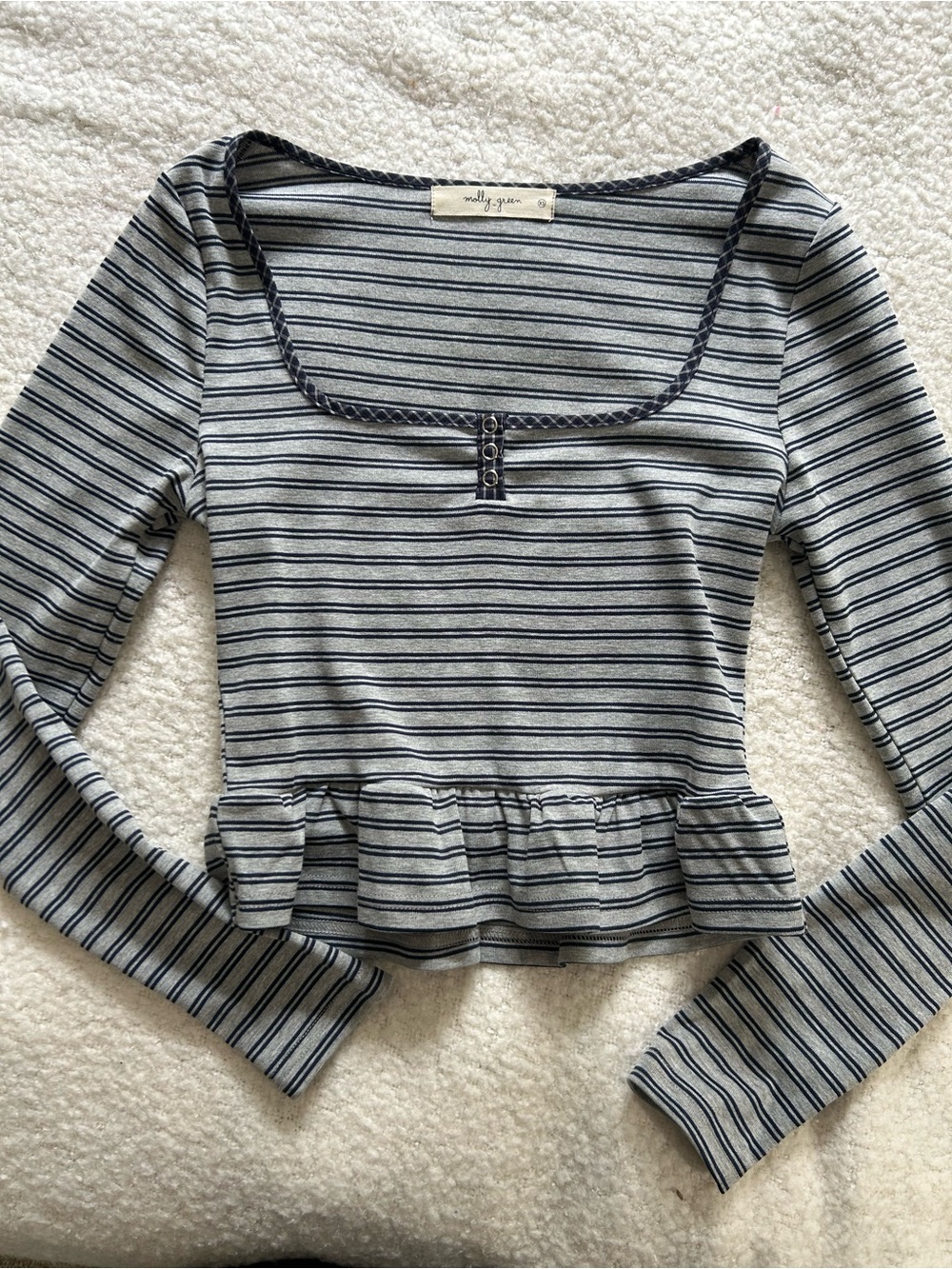 Molly Green Gray & Navy Striped Peplum Long Sleeve Top